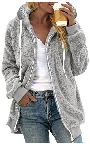 Chanpning Fleecejacke Damen Lang, Herbst Winter Mode Mantel Freizeit Cardigan Warm Fleecemantel Übergangsjacke Damen Elegant Leicht Teddyjacke Loose Kapuzenpullover