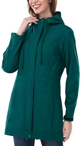 Outdoor Ventures Veste de pluie longue softshell avec capuche pour femme - Veste de mi-saison doublée - Veste fonctionnelle imperméable coupe-vent - Veste de randonnée respirante, Vert à carreaux 2XL