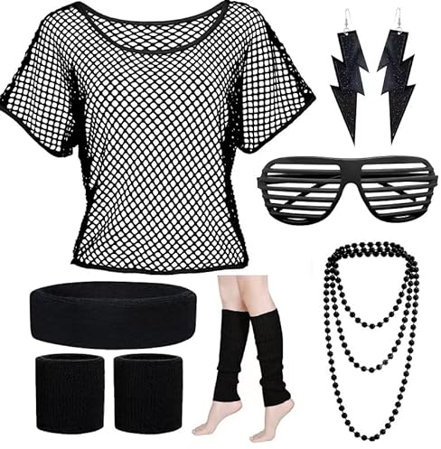 YADODO 90er 80er Jahre Outfit Damen Netzoberteil mit Neon Accessoire Off Shoulder Netzshirt 80erJahre Kleidung Damen 80iger Schlagerparty Bad Taste Outfit Frauen Neon Party Schwarz