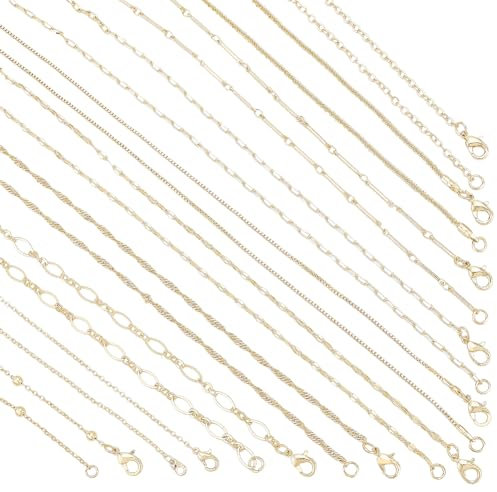 PH PandaHall 10er-Pack 14K vergoldete Retro-elegant Unisex-Halskette, 17 cm/45 cm Messingkette, Kabelkette, Glieder, Bulk, Goldfarben, Perle, Karabiner, Formal und Casual, Erwachsene, Halskette