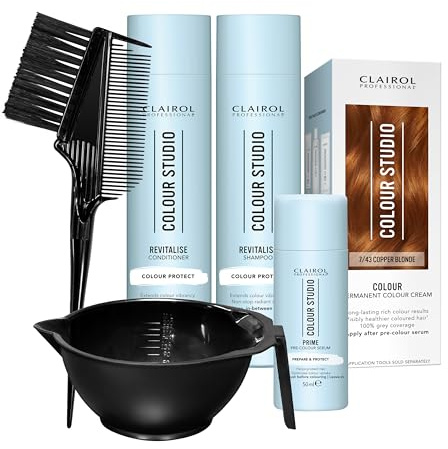 Clairol Professional Colour Studio Permanent Colour Cream Hair Dye | Long-lasting Rich Tones | 100% Grey Coverage | Hair Colouring Kit | 3-step Routine with Accessories | 7/43 Copper Blonde