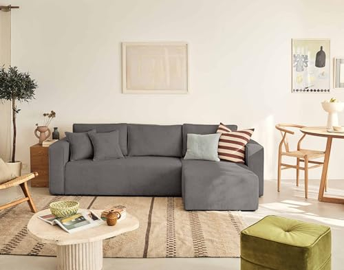 Topaze - 4-Sitzer Ecksofa beidseitig montierbar - mit Schlaffunktion und Bettkasten - aus Strukturiertem Samt Dunkelgrau