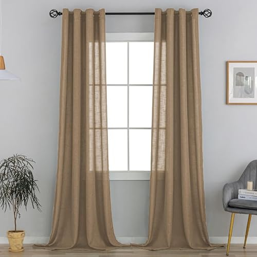 VOILYBIRD Natürliche Leinenstruktur Vorhänge mit Ösen Leinen Gardinen für Schlafzimmer 2er Set (HxB 220x140 cm, Latte Braun)