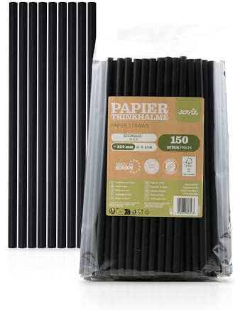 Sovie Strohhalme Papier Schwarz - Trinkhalme Plastikfrei - FSC-zertifiziert, Made in Europe, Biologisch Abbaubar - Ø 8mm - 23cm Länge - 150 Stück