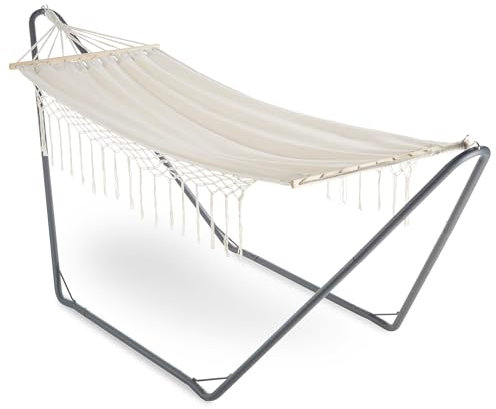 VonHaus Boho Fringe Hammock With Frame - Bohemian Style 1 Seater Garden Hammock with Stand - Portable & Easy Assembly 1 Person - Beige Freestanding with Durable Powder Coated Steel Frame