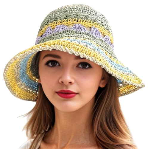 Brihasory Bunte gehäkelte Strohhüte für Damen, breite Krempe, handgefertigt, Fischer-Sonnenhut, Faltbare Kappe für Sommerurlaub, Gelb, Grün, Medium
