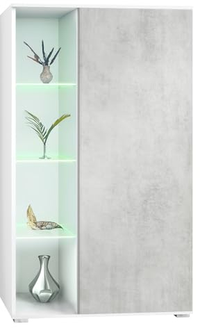 Vladon Vitrine Davos, vitrine sur Pied avec 3 étagères en Verre et 8 Compartiments y Compris LED, Blanc Mat/Aspect béton oxyde (71,5 x 134 x 35 cm)
