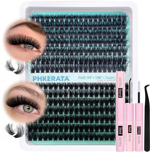 Cluster Lashes Kit Fluffy Individual Eyelashes 280Pcs D Curl Eyelash Extension Kit Russian Lashes Individual Cluster with Lash Bond and Seal Lash Glue,Tweezers(80+100P, 10-18mm Mix)