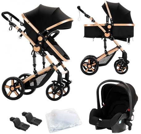 Nine point nine Trio Passeggino Neonati, Passeggino 3 in 1 con Doppia Modalità Spinta Reversibile, Carrozzina per Neonati con Grande Nacelle, Passeggino Trio con Telaio in Alluminio (588 Black Gold)