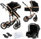 Nine point nine Trio Passeggino Neonati, Passeggino 3 in 1 con Doppia Modalità Spinta Reversibile, Carrozzina per Neonati con Grande Nacelle, Passeggino Trio con Telaio in Alluminio (588 Black Gold)