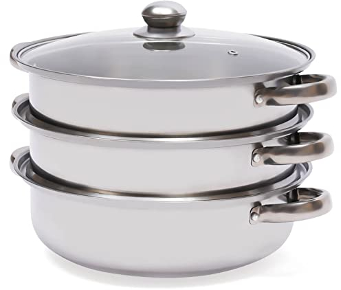 Olla de vapor de acero inoxidable de 3 niveles, con tapa de cristal, para cocinas de inducción, cocinas eléctricas de cerámica, hornos eléctricos, cocinas de gas, mariscos, pescado, carne de vacuno,