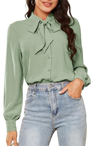 Kate Kasin Elegante Body da Donna Camicetta Decorazione con Fiocco Body A Maniche Lunghe Camicia da Lavoro per Ufficio Top Casual Verde Chiaro XL