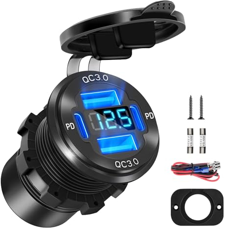 Daakro 12V USB C Steckdose 78W 4 Ports Aluminium Ladegerät Leistung Dual PD 30W Und Dual QC 18W 12V Einbau USB Mit LED Voltmeter Zigarettenanzünder Stecker FüR Wohnmobil Boot LKW Motorrad Auto