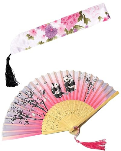 Zeayebsr Éventail Pliant pour Femme, Eventail Pliable en Bambou Style Vintage Chinois pour Decoration Anniversaire Mariage Fête Cadeau,motif panda,eventail japonais,Livré avec 1 sac de ventilateur