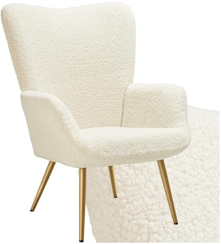 tectake® Skandinavischer Stil Ohrensessel, Teddy Sessel Hygge, Breitcord Sessel Wohnzimmer, Schlafzimmer, Esszimmerstuhl, Statement Piece Loungesessel, belastbar bis 150 kg - Bouclé Creme/Gold