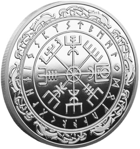 Zghhc 1 Moneta Mjolnir Vichinga Norrena, Moneta del Martello di Thor, Talismano della Mitologia Nordica (Moneta Vegvisir (Bussola Vichinga)