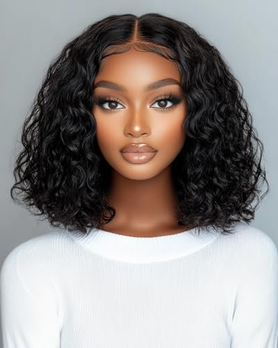 FASHION IDOL Kurze lockige Bob Echthaarperücke Vorgeschnitten Vorgezupft Glueless Wear and Go Lace Perücke 200% Dichte Upgraded Unsichtbares Geheimnis Glueless Echthaar Perücken