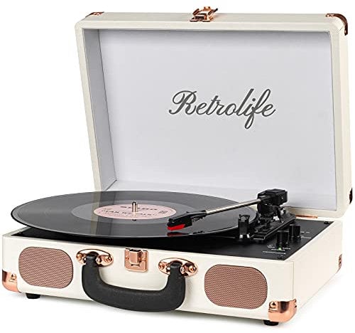 Vinyl Plattenspieler 3-Gang 33/45/78 U/min Bluetooth Koffer Tragbarer Schallplattenspieler mit Riemenantrieb und eingebauten Lautsprechern RCA Line Out AUX in Kopfhöreranschluss Vintage Turntable