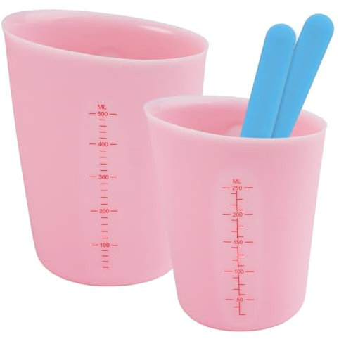 2 Messbecher aus Silikon, 250/500 ML Messbecher Gießpulver mit Transparenter Skala Measuring Cups for Resin, Rosa Silikonbecher mit Silikon-RüHrstab für Handwerk, Labor, Küche