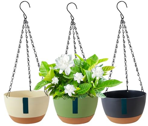 Veesper 3Pcs Hanging Baskets for Plants, Plastic Self-Watering Hanging Plant Pots, Hanging Flower Pot Plant Basket with with Removable Tray for Balcony Home Decor