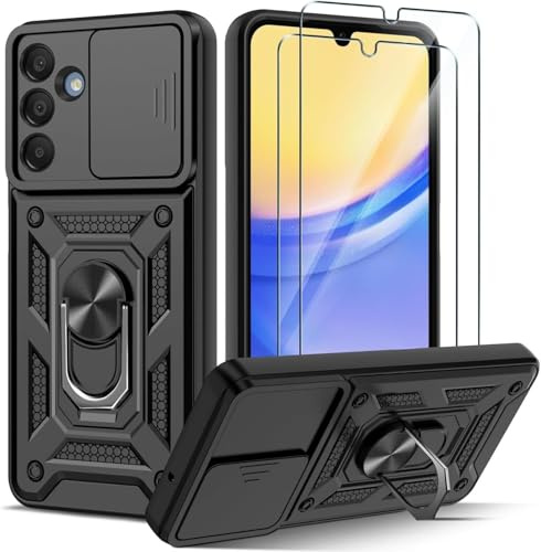 PIXFAB for Samsung Galaxy S25 Plus Case with 2 x Screen Protector Tempered Glass, Shockproof Case with Camera Lens Protection, Protective Ring Armour Phone Case Cover with [Kickstand] - Black