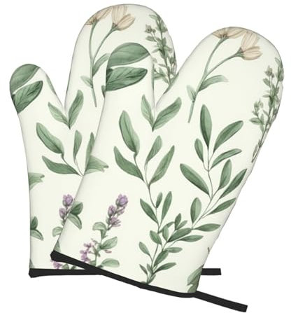 Oven Mitts Set of 2 Green Flower Herb Sage Leaves and Branches Oven Glove Heat Resistant 500℉ Kitchen Oven Gloves Non-Slip Oven Mitt for Cooking Baking Potholder Kitchen Essentials