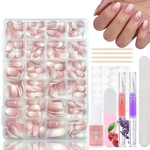 Virellay 360 Stück Gradient Press on Nails Mandel Kurz, Alomnd Farbverlauf Künstliche Nägel Zum Aufkleben mit 2 Pcs Nagelöl Stift, Nail Tips Almond, Kurze Ombre Fake Nägel für Frauen DIY