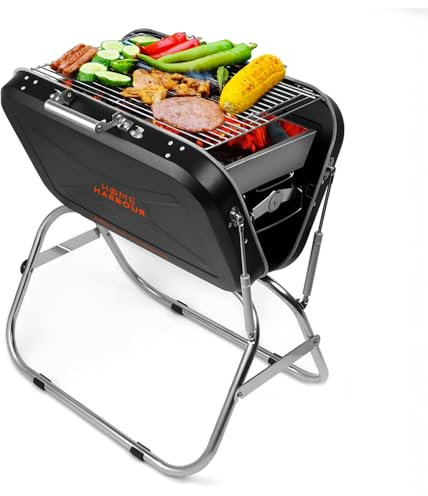 Home Harbour Adventure BBQ | Large Portable Foldable Suitcase Charcoal Grill, Compact Outdoor BBQ Grill for Camping, Picnics, Garden, Folding Stand, Stainless Steel Portable Barbecue for Outdoor