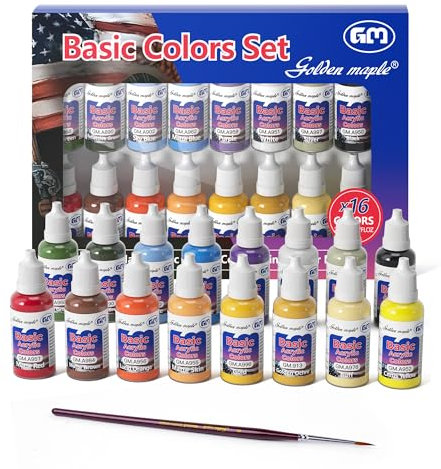 golden maple Basic Miniature Paint Set Including Brush, Model Color Acrylic Paint, Starter Set for Figures (Pack of 16) X20ml