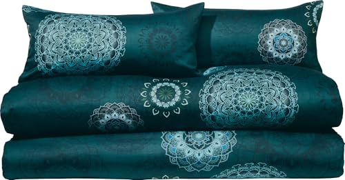 Erwin Müller Bettwäsche Sparpaket 4-TLG. Mako-Satin Mandala Petrol Größe 40x80 cm / 135x200 cm - feinfädig, temperaturausgleichend, atmungsaktiv, 100% Baumwolle, mit Reißverschluss