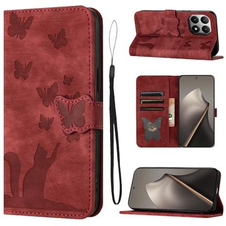 LSPCASA Coque pour Xiaomi 15T Housse de Protection Premium PU Cuir Portefeuille Protection avec Porte Carte Fonction Support Flip Cover pour Xiaomi 15T Rouge