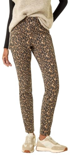 Roman Originals Jeggings for Women UK Jean Ladies Stretchy Trousers Denim Leggings High Waist Rise Pull On Skinny Straight Leg Cotton Pants Smart Casual - Leopard Animal Brown - Size 14