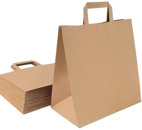 Commerline Papiertragetaschen 32+22x25 cm 250 Stück | Braun Papiertüten | Kraftpapier Tüten Kraftpapier Tüten mit Henkel | Geschenktüten, Papiertaschen, Papiertüte | Groß