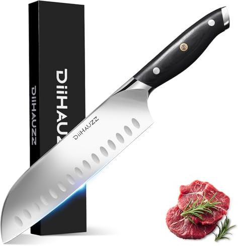 DiiHAUZZ Couteau Santoku 18 cm, Couteau de Cuisine Acier Inoxydable, Couteau Japonais, Manche Ergonomique, Lame Tranchante, 57HRC, Angle d’affûtage 12-15°, Pour légumes, fruits et viandes