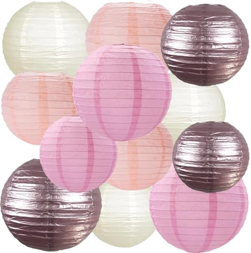 We Moment Zone Lanterne en Papier Or Rose et Rose Décoration,Lot de 12 Lanternes Rondes en Papier pour Mariage, Anniversaire, Fête Prénatale, Mariage, Décoration de Jardin
