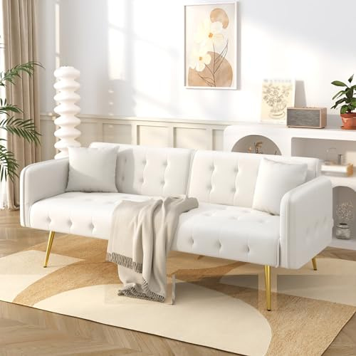 Lumivortex 2 Sitzer Sofa mit Schlaffunktion, Couch mit Schlaffunktion, Verstellbarer Rückenlehne und Mehrstelligen Armlehnen, Metallfüße Gold, Schlafsofa, Holzrahmen, 178-215 x 82 x 70 cm (Beige)