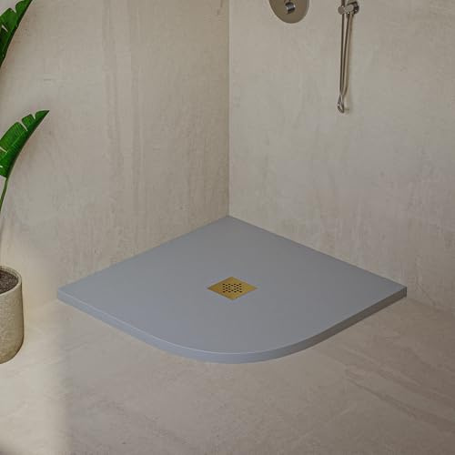Piatto Doccia Semicircolare SOULHOME Resina e Carica Minerale Antiscivolo 70x70 cm Grigio Chiaro - Griglia DORATA