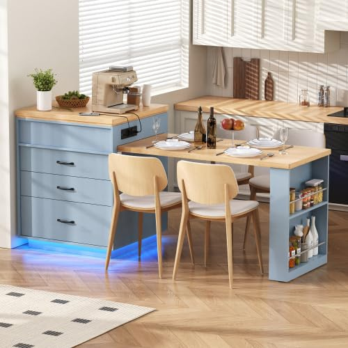 YuQozii Isla de cocina con ruedas, mesa de comedor extensible con iluminación LED, mesa de cocina con regletas, sirve como isla de cocina, aparador, aparador o mesa de bar para cocina y comedor (azul)