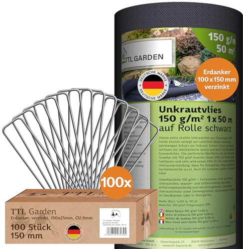 TTL GARDEN 150g/m² Unkrautvlies Set 50m² 1 x 50m auf Rolle + 100 Erdanker | - wasserdurchlässig reißfest UV-stabil & atmungsaktiv Gartenvlies - Wurzelsperre Mulchvlies Garten Vlies Folie gegen Unkraut