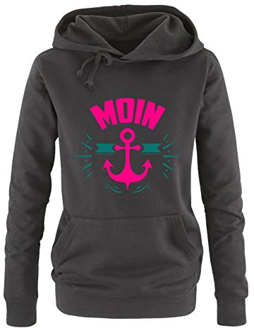 Comedy Shirts - Moin - Anker - Damen Hoodie - Schwarz/Pink-Türkis Gr. M