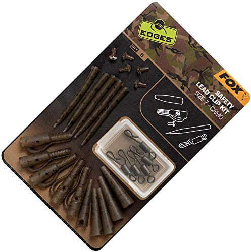 Fox Edges Camo Safety Lead Cip Kit Gr. 7-5 Leadclips für Karpfenrigs, Safety Clips zum Karpfenangeln, Bleieinhänger für Karpfenbleie