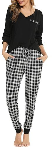 Vlazom Pyjama Femme Hiver Ensembles de Pyjama à Manche Longue Col en V Vêtements de Nuit à Carreaux Chaud Long,A-Noir,S
