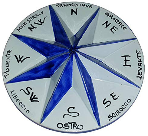 ROSA DEI VENTI IN CERAMICA DI VIETRI DIPINTA A MANO, DIAMETRO CM. 34, ALTEZZA CM. 7 PANNELLO MURO DECORAZIONI INTERNO GIARDINO IDEA REGALO MADE IN ITALY