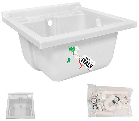 Lavatoio - Pilozzo BIANCO, ALTA RESISTENZA per esterni, materiale di prima scelta e stampo uniforme senza punti deboli, sifone IN REGALO, lavabo per lavanderia. Escelsior(L58,5 x P58,5 x H33)