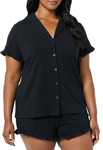 Amazon Essentials Ensemble de Pyjama Court en Coton et Modal, Col Tailleur avec Passepoil, Confortable pour la Maison (Disponible en Grande Taille) Femme, Noir, M