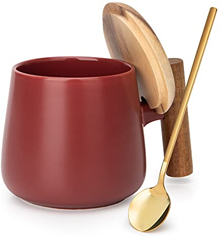 GOOD ALWAYS 14 Oz Ceramic Coffee Mug with Lid and Coffee Spoon for Latte,Cappuccino Mug, Cocoa Mug, Tea Mug, Birthday Gifts for Women, 1 Pack (Matte Red)