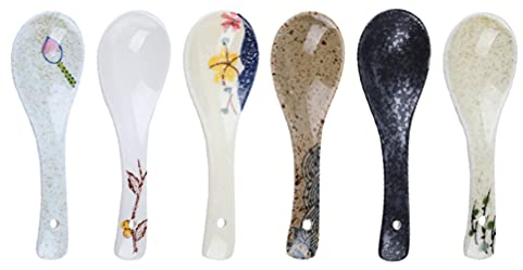 DOITOOL Ceramic Asian Soup Spoons Set of 6, Vintage Chinese Soup Spoons Long Handle Japanese Ramen Scoop for Dumpling Rice Noodles (Random Color)