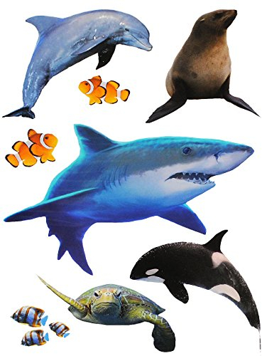 alles-meine.de GmbH 8 TLG. Set Wandtattoo/Sticker - Hai Fische/Delfin/Schildkröte - Wandsticker + Fenstersticker - Aufkleber für Kinderzimmer - Unterwasser Fisch - Ki..