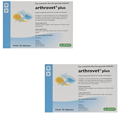cp-pharma arthrovet Plus | Doppelpack | 2 x 90 Tabletten | Ergänzungsfuttermittel für Hunde und Katzen | Für die physiologische Funktion der Gelenke und den Knochenaufbau