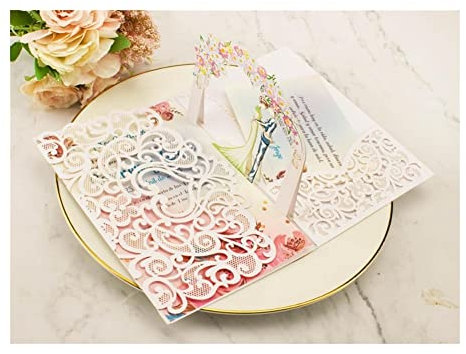 Christmas Cards 1x 3D POP UP Card Gold Gray Tri 3 Fold Pocket Wedding Invitation Card Laser Cut Invite Greeting Card with Envelope (Color : Pearl White, Size : Laser Cover only)